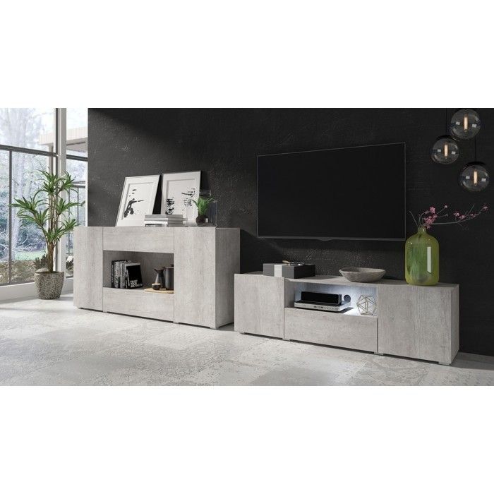 Buffet XL design 180cm pour salon couleur gris aspect béton collection PAROS.