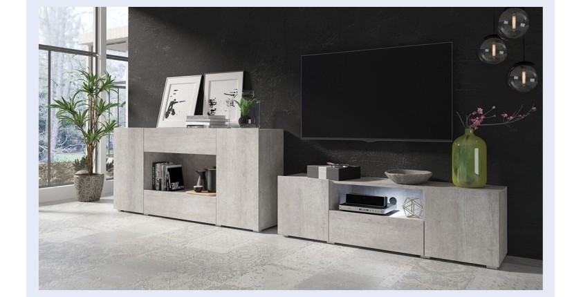 Buffet XL design 180cm pour salon couleur gris aspect béton collection PAROS.