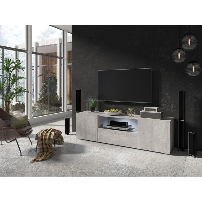 Meuble TV 160cm avec éclairage LED collection PAROS. Couleur gris aspect béton..
