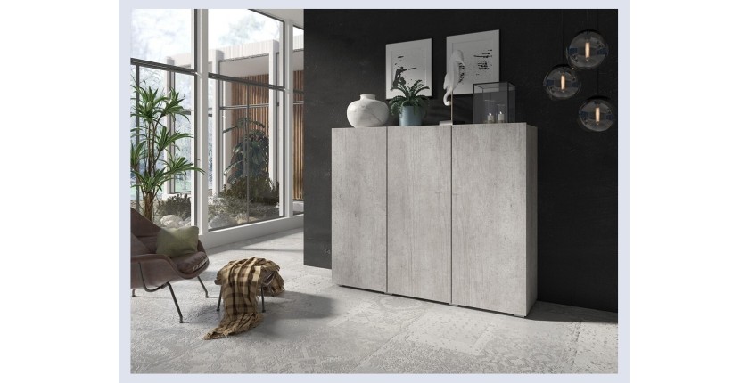 Buffet haut design 135cm avec 3 portes pour salon couleur gris aspect béton collection PAROS.