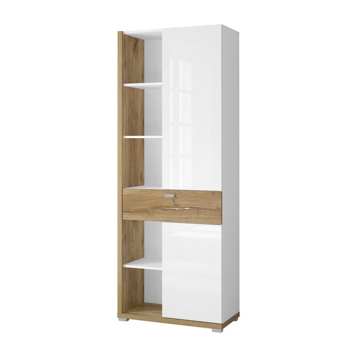 Vitrine haute design avec éclairage LED collection MENDOZA. Coloris chêne et blanc brillant.