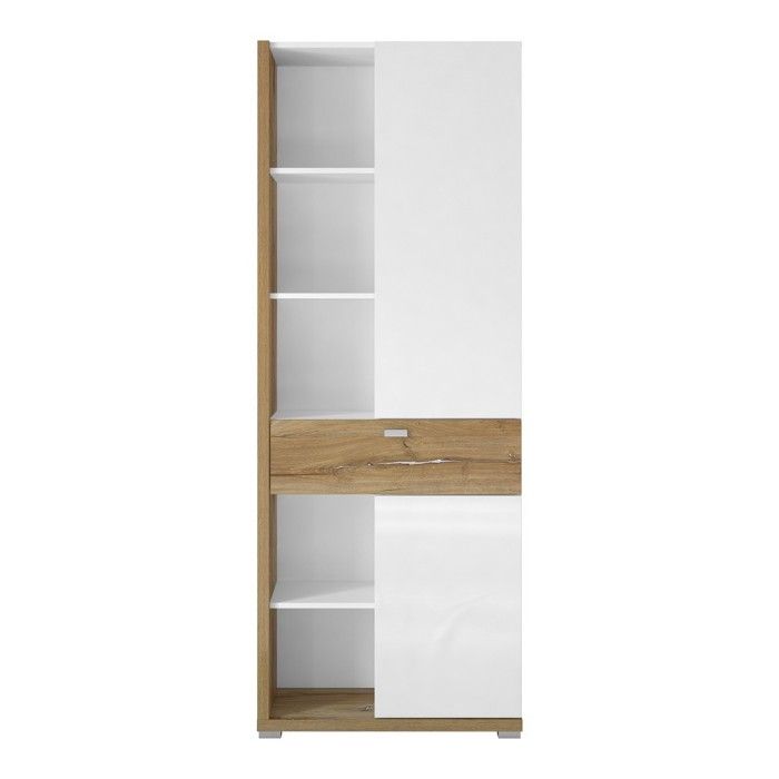 Vitrine haute design avec éclairage LED collection MENDOZA. Coloris chêne et blanc brillant.