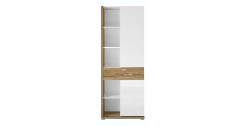 Vitrine haute design avec éclairage LED collection MENDOZA. Coloris chêne et blanc brillant.