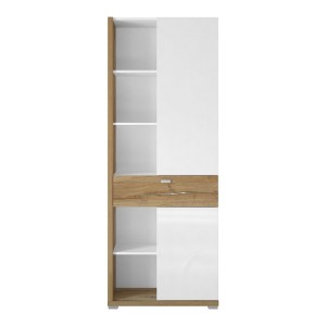 Vitrine haute design avec éclairage LED collection MENDOZA. Coloris chêne et blanc brillant.