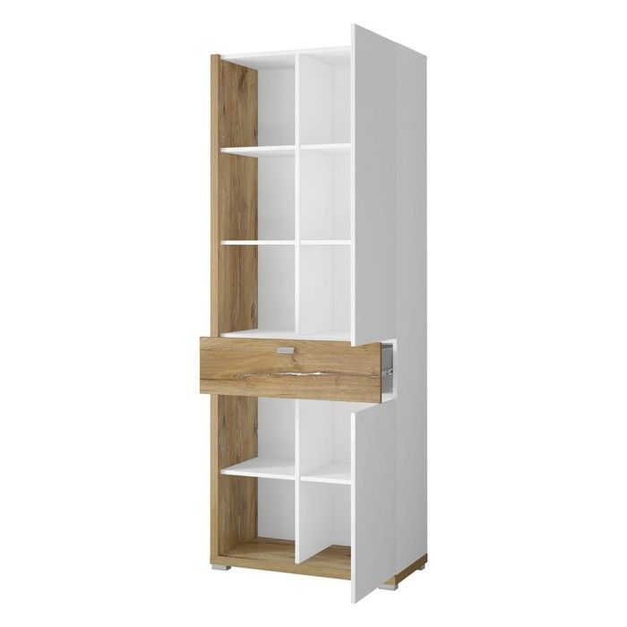 Vitrine haute design avec éclairage LED collection MENDOZA. Coloris chêne et blanc brillant.