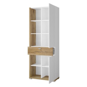 Vitrine haute design avec éclairage LED collection MENDOZA. Coloris chêne et blanc brillant.