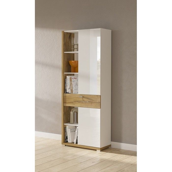 Vitrine haute design avec éclairage LED collection MENDOZA. Coloris chêne et blanc brillant.