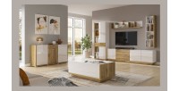 Vitrine haute design avec éclairage LED collection MENDOZA. Coloris chêne et blanc brillant.