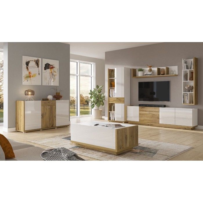 Vitrine haute design avec éclairage LED collection MENDOZA. Coloris chêne et blanc brillant.