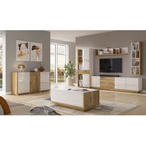 Vitrine haute design avec éclairage LED collection MENDOZA. Coloris chêne et blanc brillant.