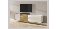 Meuble TV XL 220cm collection MENDOZA coloris chêne et blanc brillant.