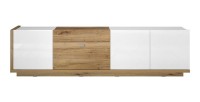 Meuble TV XL 220cm collection MENDOZA coloris chêne et blanc brillant.