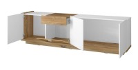 Meuble TV 200cm collection MENDOZA coloris chêne et blanc brillant.