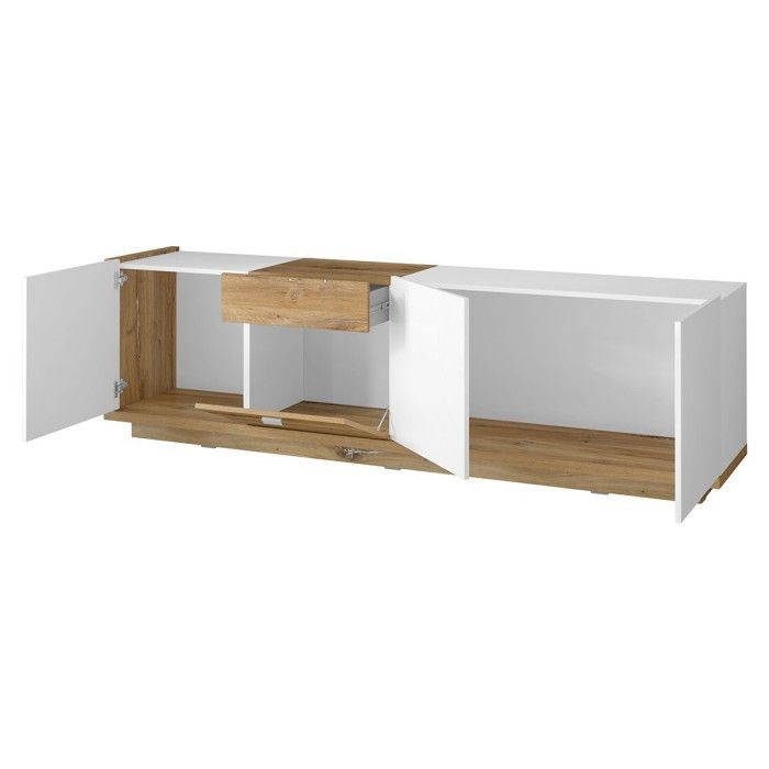Meuble TV 200cm collection MENDOZA coloris chêne et blanc brillant.
