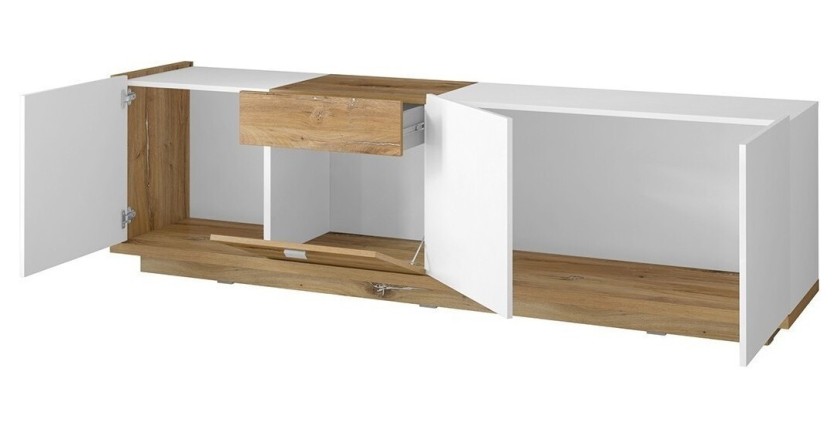 Meuble TV 200cm collection MENDOZA coloris chêne et blanc brillant.