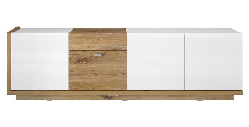 Meuble TV 200cm collection MENDOZA coloris chêne et blanc brillant.