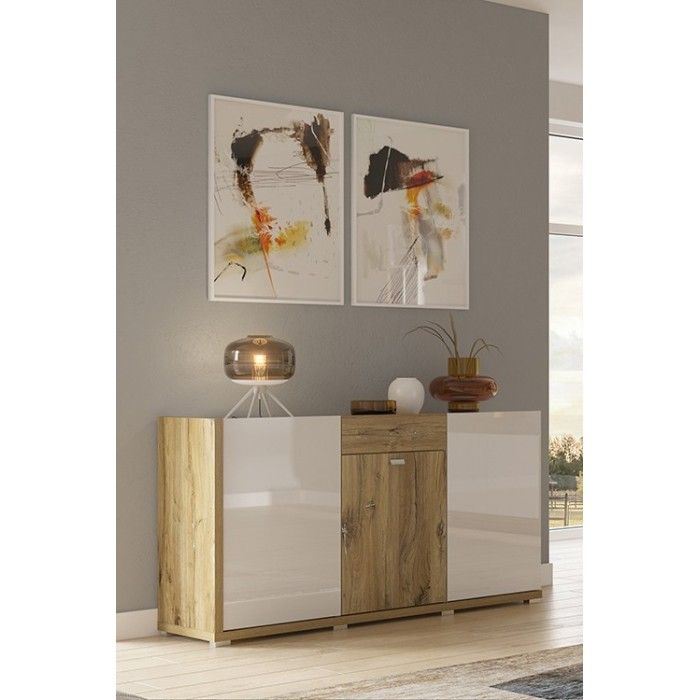 Buffet design 150cm pour salon couleur blanc et chêne collection MENDOZA.