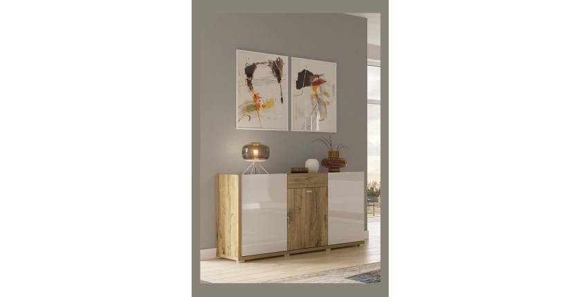 Buffet design 150cm pour salon couleur blanc et chêne collection MENDOZA.