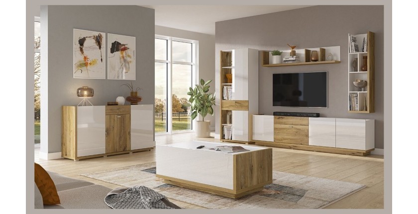 Buffet design 150cm pour salon couleur blanc et chêne collection MENDOZA.