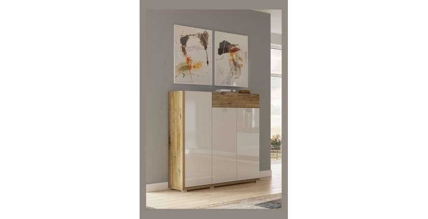 Bahut XL pour salon ou salle à manger couleur chêne et blanc brillant collection MENDOZA.
