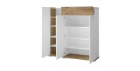 Bahut XL pour salon ou salle à manger couleur chêne et blanc brillant collection MENDOZA.