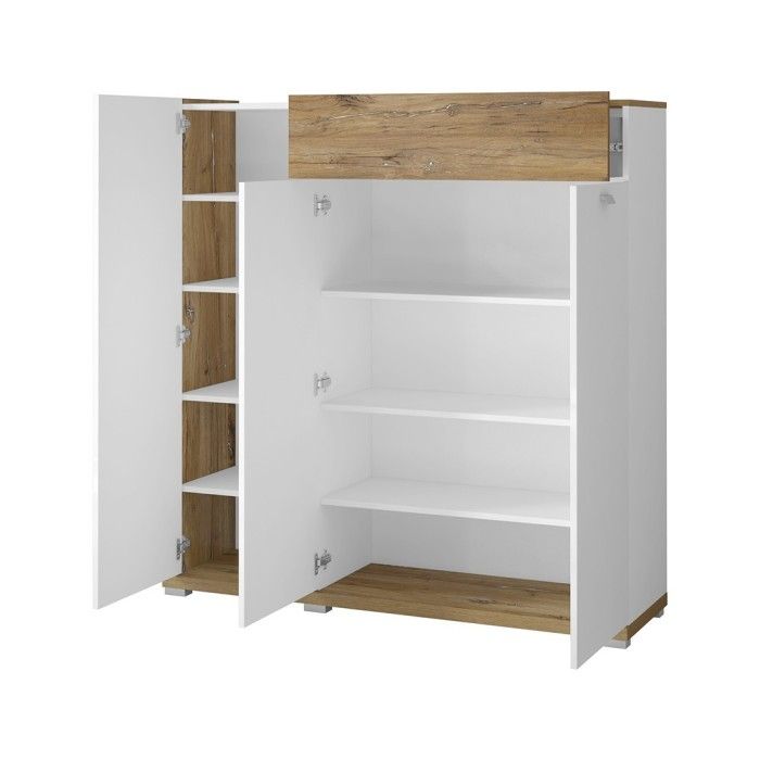 Bahut XL pour salon ou salle à manger couleur chêne et blanc brillant collection MENDOZA.