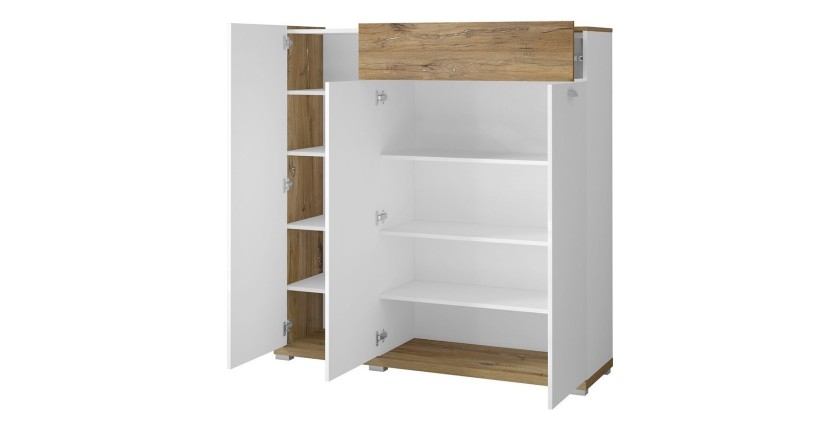 Bahut XL pour salon ou salle à manger couleur chêne et blanc brillant collection MENDOZA.