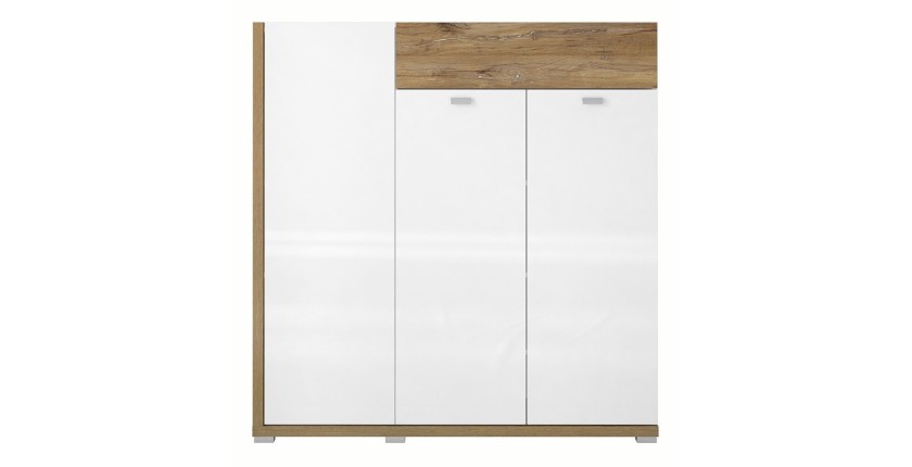 Bahut XL pour salon ou salle à manger couleur chêne et blanc brillant collection MENDOZA.