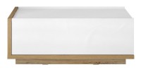 Table basse design avec une porte abattante collection MENDOZA. Couleur chêne et blanc.
