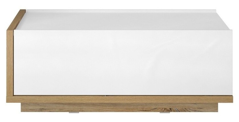 Table basse design avec une porte abattante collection MENDOZA. Couleur chêne et blanc.