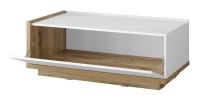 Table basse design avec une porte abattante collection MENDOZA. Couleur chêne et blanc.