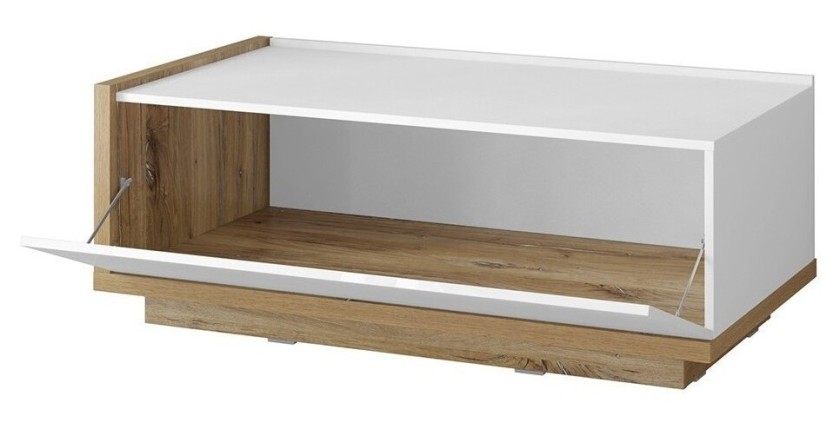 Table basse design avec une porte abattante collection MENDOZA. Couleur chêne et blanc.