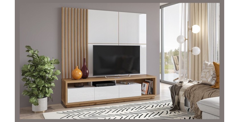 Panneaux muraux décoratifs blanc brillant sur support fond chêne. collection CLARA