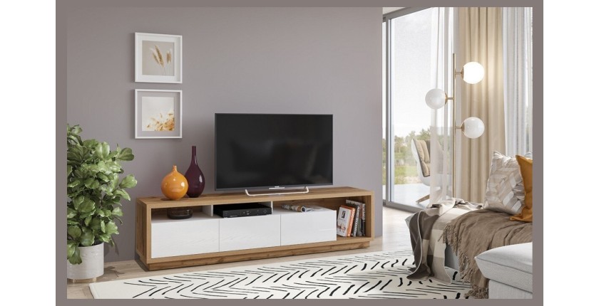 Meuble TV XL 200cm collection CLARA. Couleur chêne et blanc brillant.