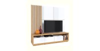 Meuble TV XL avec fond mural décoratif collection CLARA. Couleur chêne et blanc brillant.