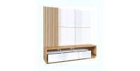 Meuble TV XL avec fond mural décoratif collection CLARA. Couleur chêne et blanc brillant.