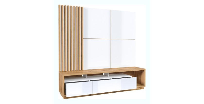 Meuble TV XL avec fond mural décoratif collection CLARA. Couleur chêne et blanc brillant.