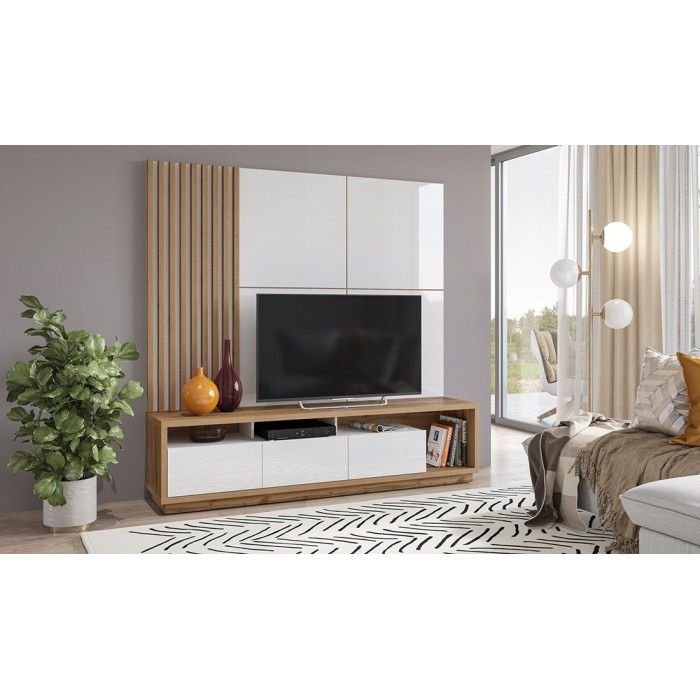 Meuble TV XL avec fond mural décoratif collection CLARA. Couleur chêne et blanc brillant.
