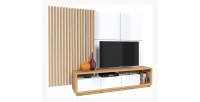 Meuble TV XL avec fond mural décoratif XL collection CLARA. Couleur chêne et blanc brillant.