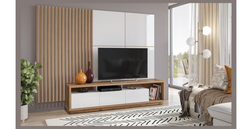 Meuble TV XL avec fond mural décoratif XL collection CLARA. Couleur chêne et blanc brillant.