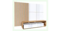 Meuble TV XL avec fond mural décoratif XL collection CLARA. Couleur chêne et blanc brillant.