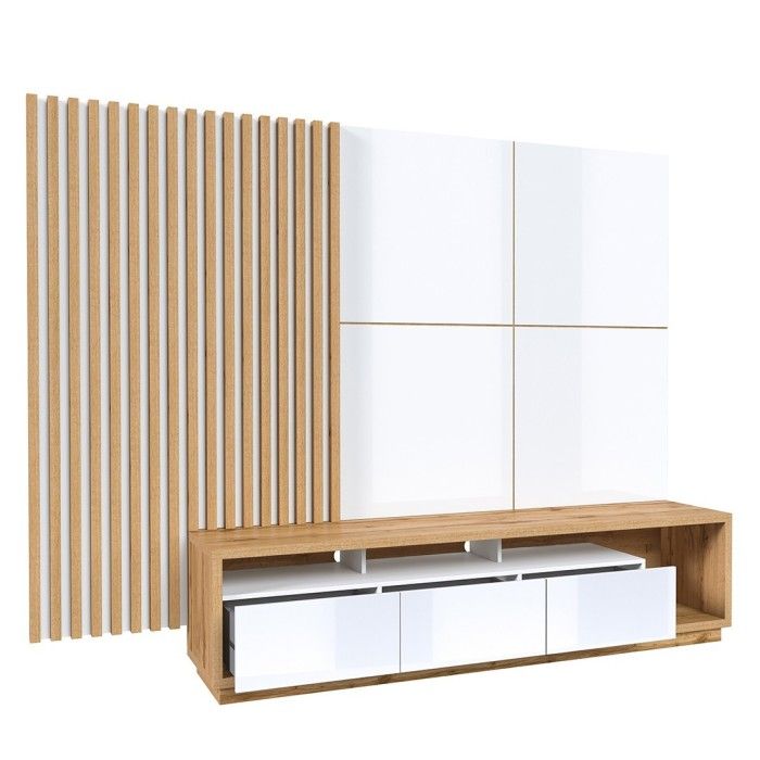 Meuble TV XL avec fond mural décoratif XL collection CLARA. Couleur chêne et blanc brillant.