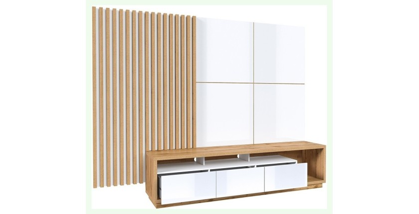 Meuble TV XL avec fond mural décoratif XL collection CLARA. Couleur chêne et blanc brillant.