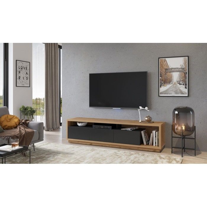 Meuble TV XL 200cm collection CLARA. Couleur chêne et noir mat.