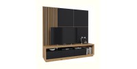 Meuble TV XL avec fond mural décoratif collection CLARA. Couleur chêne et noir mat.