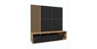 Meuble TV XL avec fond mural décoratif collection CLARA. Couleur chêne et noir mat.