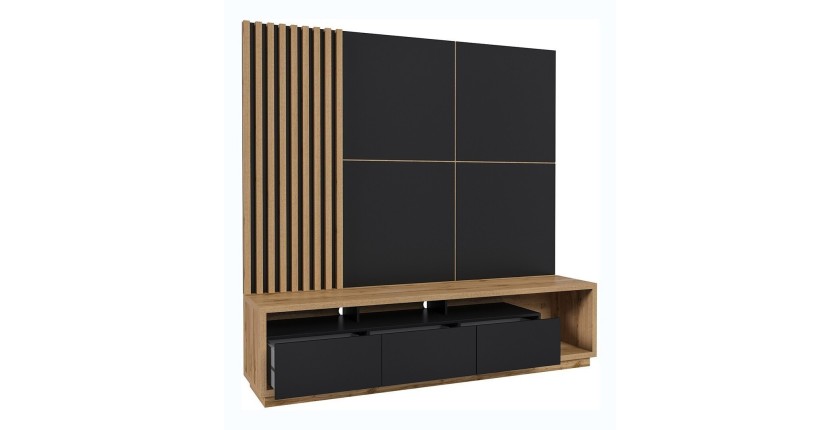 Meuble TV XL avec fond mural décoratif collection CLARA. Couleur chêne et noir mat.
