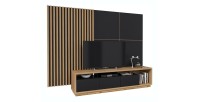 Meuble TV XL avec fond mural décoratif XL collection CLARA. Couleur chêne et noir mat.