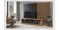 Meuble TV XL avec fond mural décoratif XL collection CLARA. Couleur chêne et noir mat.