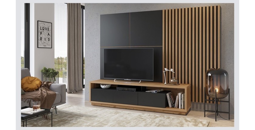 Meuble TV XL avec fond mural décoratif XL collection CLARA. Couleur chêne et noir mat.